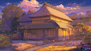 日本の村の家 日没